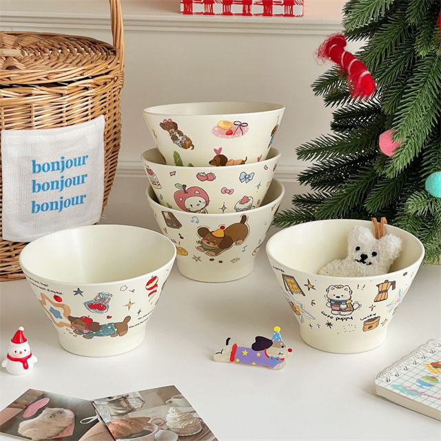 Hand-Painted Ceramic Cereal Bowl Cartoon Ceramic Rice Bowls Small Ceramic Soup Bowl for Pasta Salad Fruit Vegetables