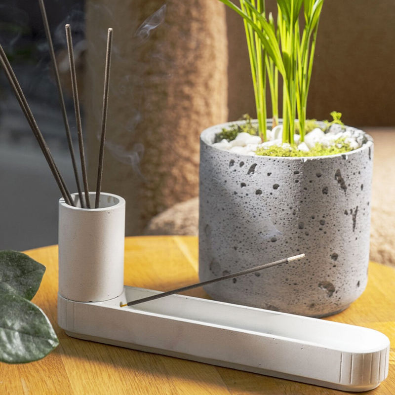 Custom Modern Meditation Zen Art Solid Cement Incense Stand Concrete L Shaped Double Incense Stick burner and Holder Set