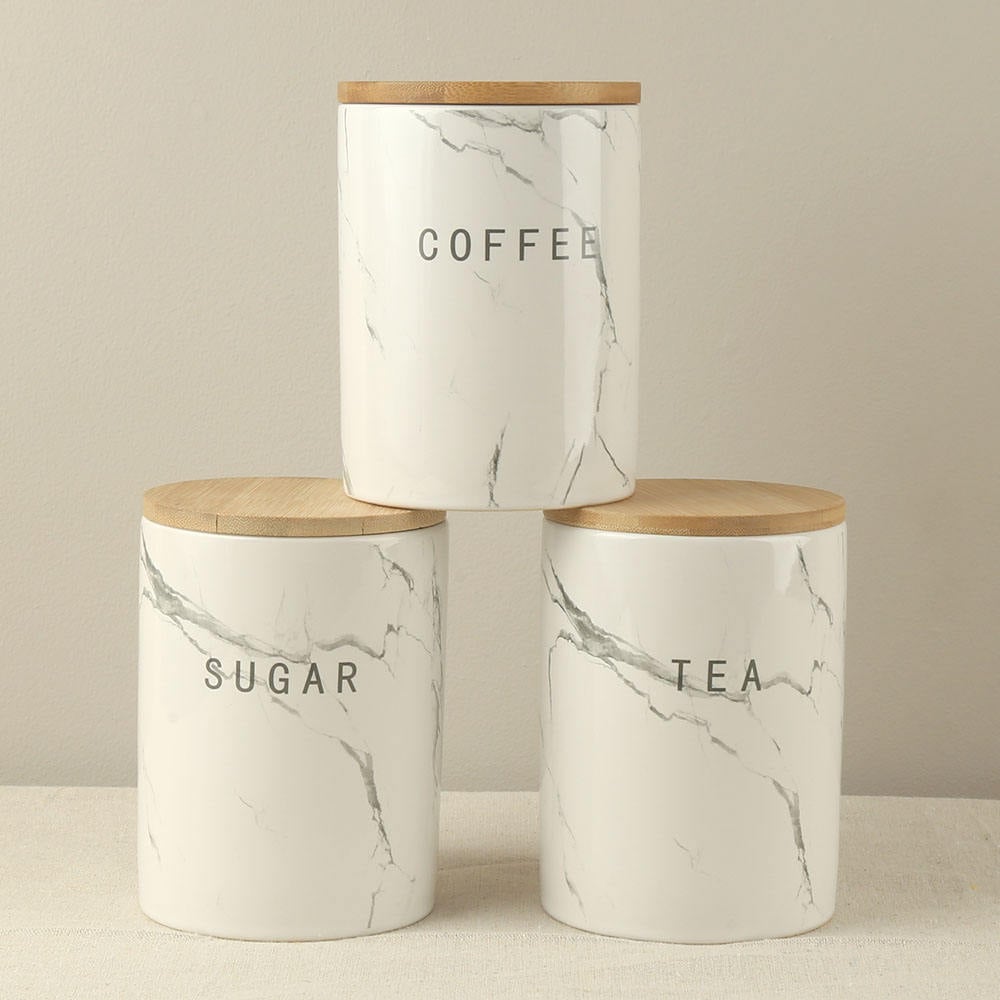  Gray Marble Decal Custom Design Ceramic Coffee Tea Sugar Canister Jar with Bamboo Lid and Silicone Ring Set