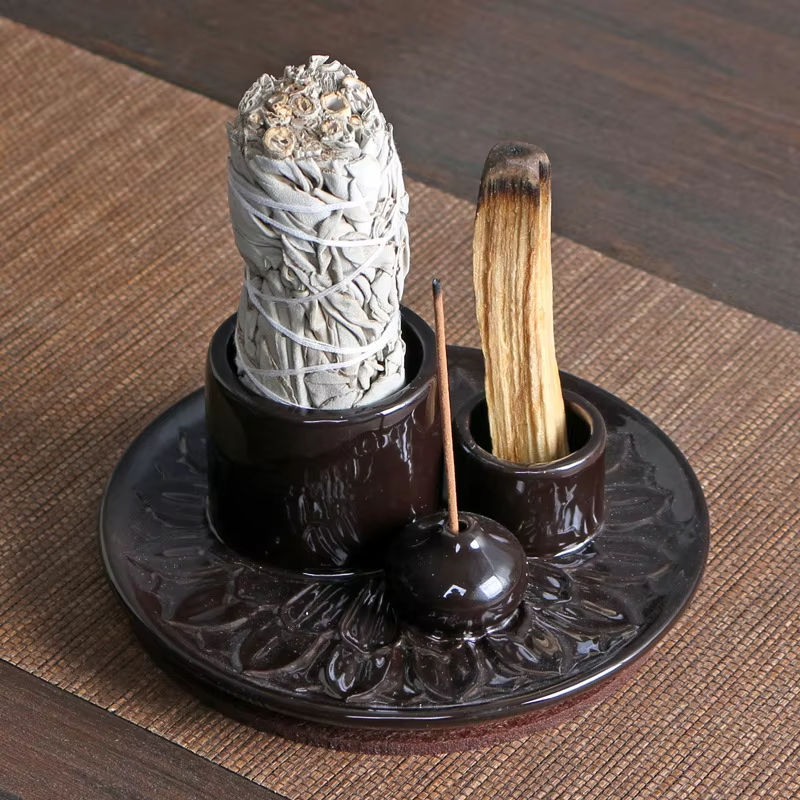 Ceramic 4 in 1 Incense Burner Candle Holder for Burning Sage Smudge Bowl White Sage Palo Santo Sticks for Burning