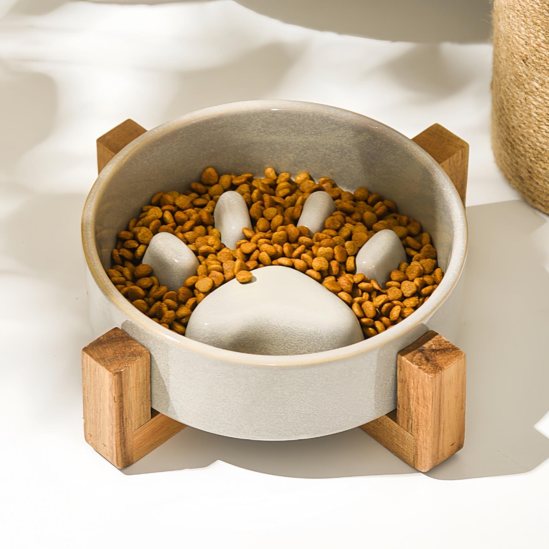 New Slow Food Bowl Elevated Ceramic Food Bowl for Dogs Cats Slow Feeding Bowl Anti Knock Anti Choke Feeder with Wooden Frame