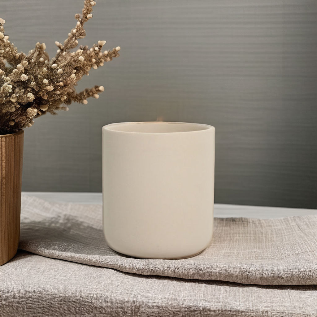 Modern Nordic Beige Ceramic Candle Jar Handmade Cylinder with Lid Home Decoration Christmas