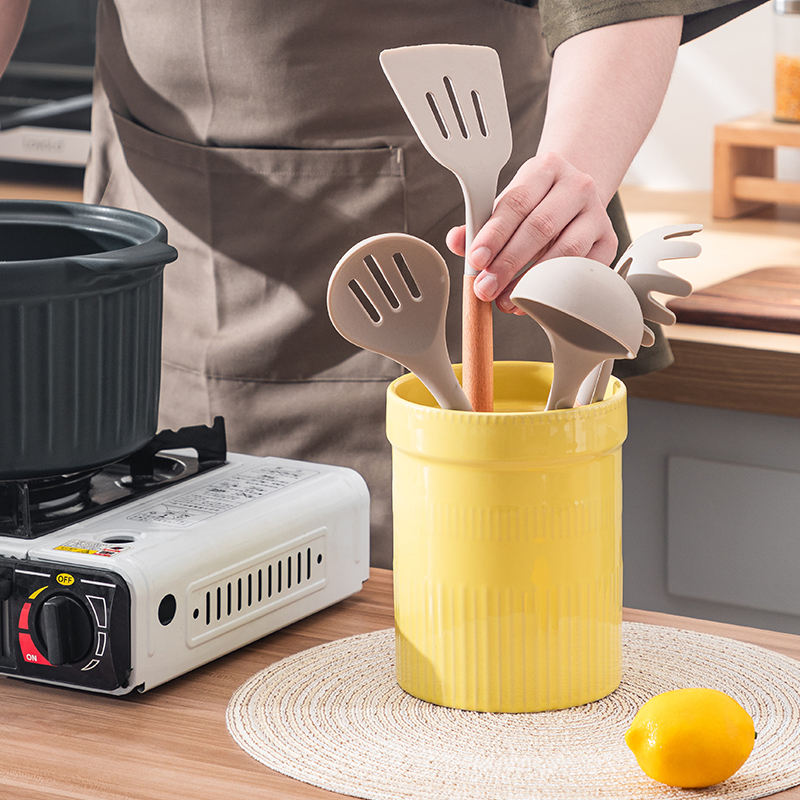 Large Kitchen Holder Gray White Yellow Ceramic Cooking Utensil Holder Strong and Rust-proof