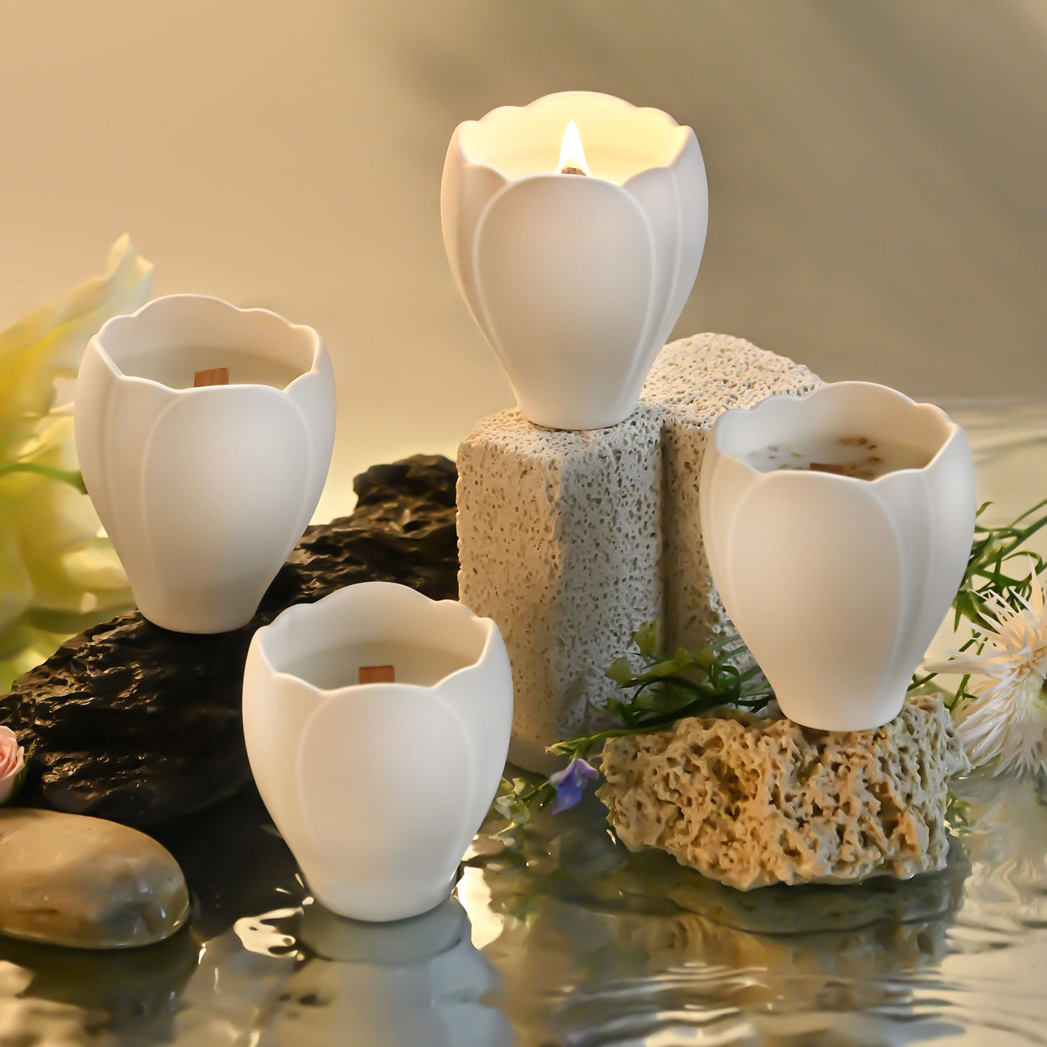 Wholesale Luxury Ceramic Candle Container Flower Shape Cylinder Vessel Jar for Home Decoration for Christmas and Scented Wax