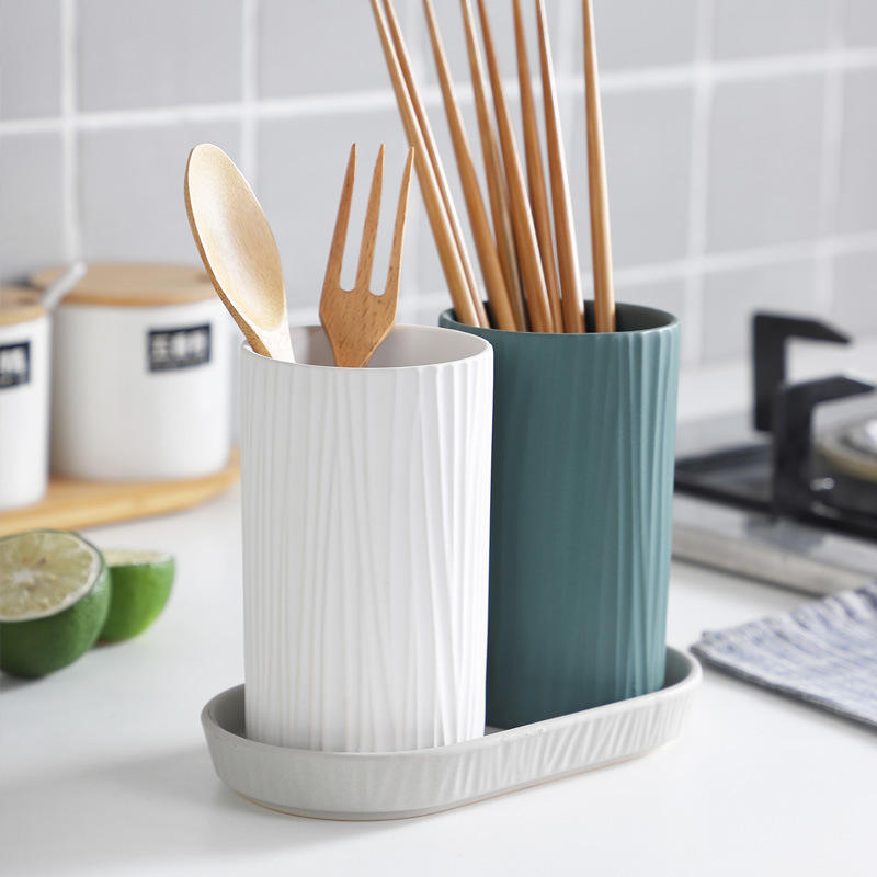 Kitchen Utensil Holder Matte White Chopsticks Cutlery Holder Ceramic Utensil Holder With Tray