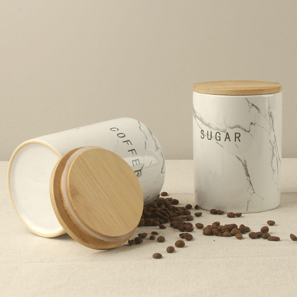  Gray Marble Decal Custom Design Ceramic Coffee Tea Sugar Canister Jar with Bamboo Lid and Silicone Ring Set