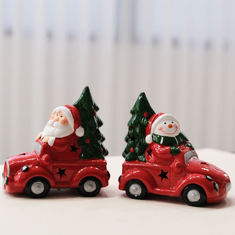 Dolomite Ceramic Santa Claus Snowman Driving Car Christmas Decoration with Led Light for Kids Gifts