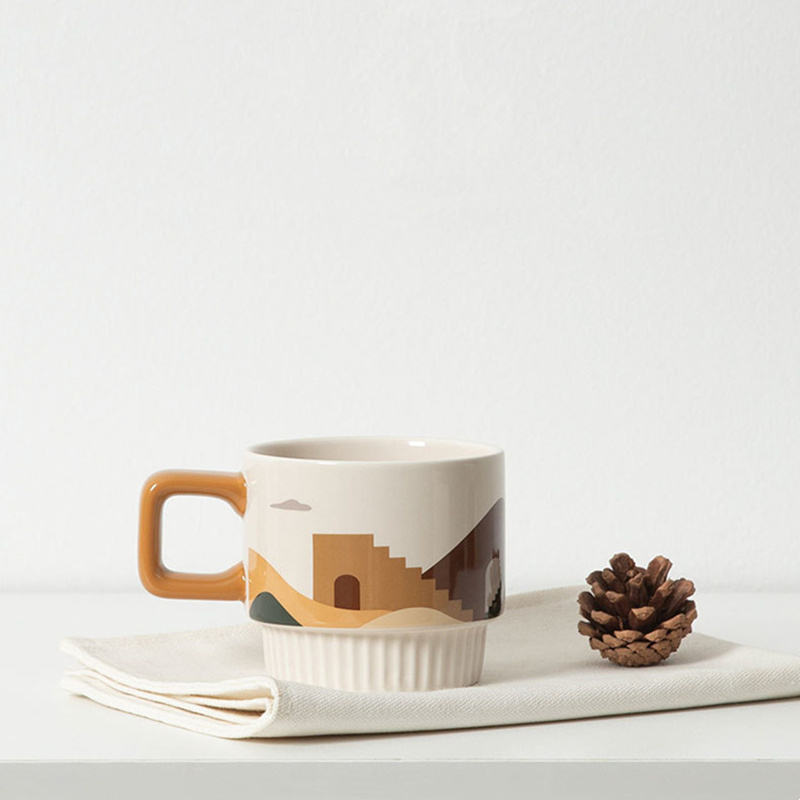 Modern 11oz Tea Water Cup Nordic Design Printed Decorative Ceramic Coffee Mug with Spoon