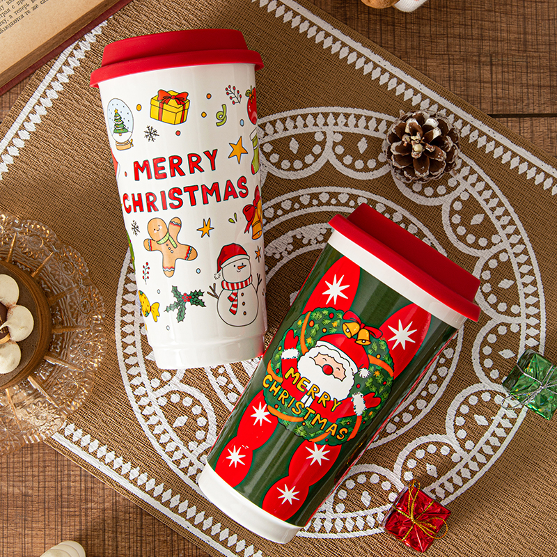 Christmas Ceramic Handy Mug High-colour Handy Mug with Lid Large-capacity Couple Water Mug Companion Gift Birthday Gift