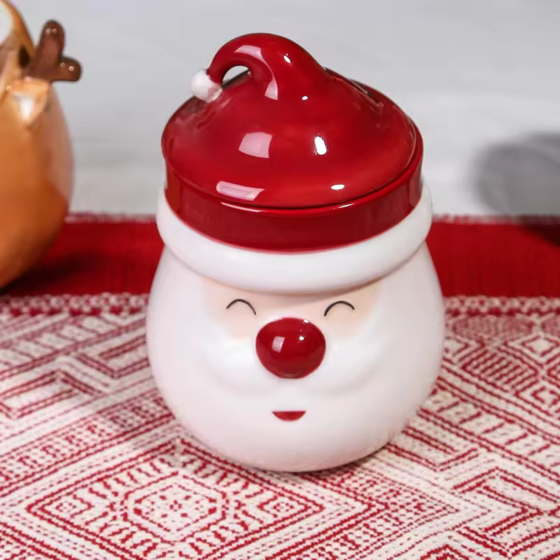 Christmas Decoration Unique Design Ceramic Candle Vessel Fancy Santa Claus Empty Custom Candle Jar with Lid