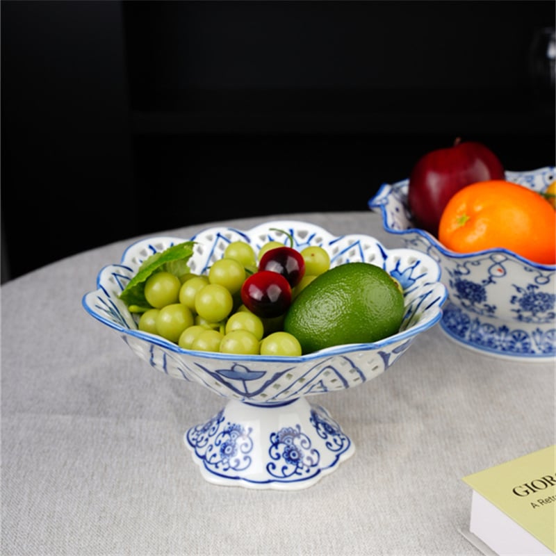 Blou Porselein Decal Holle Ontwerp Droë Vrue Snacks Diensbordels Luxe Hoë Voet Keramiek Vruebord vir Tuis