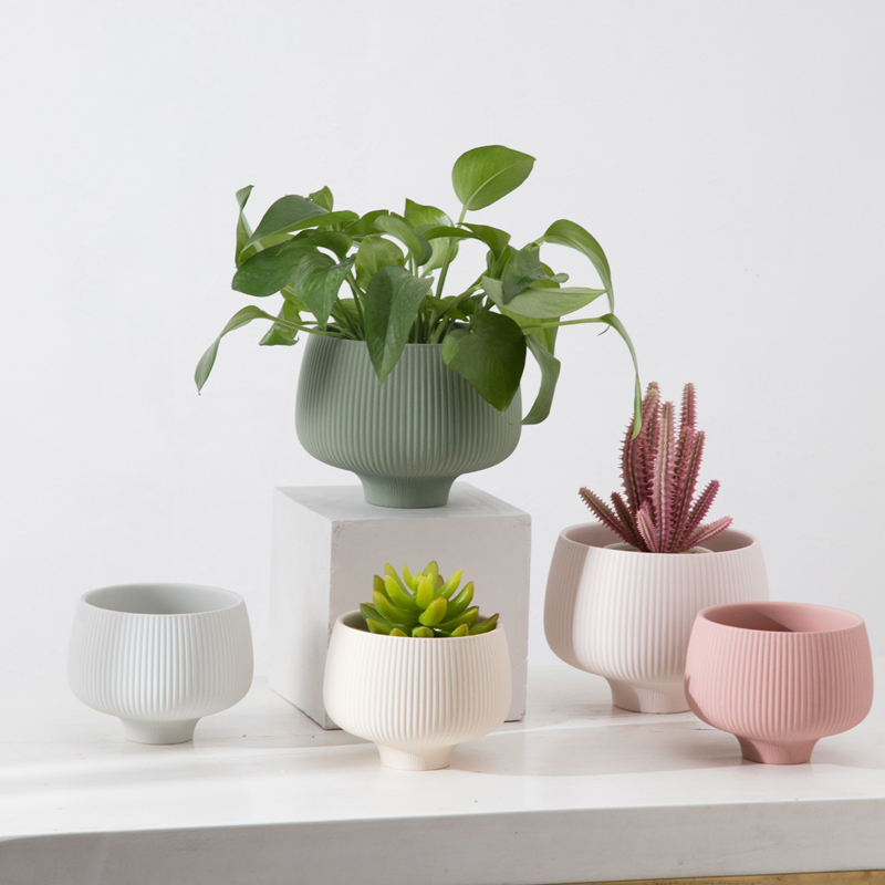 Wholesale Mini Succulent Planter Pots round Ceramic Clay Flower Pot with Striped Matt for Home and Garden