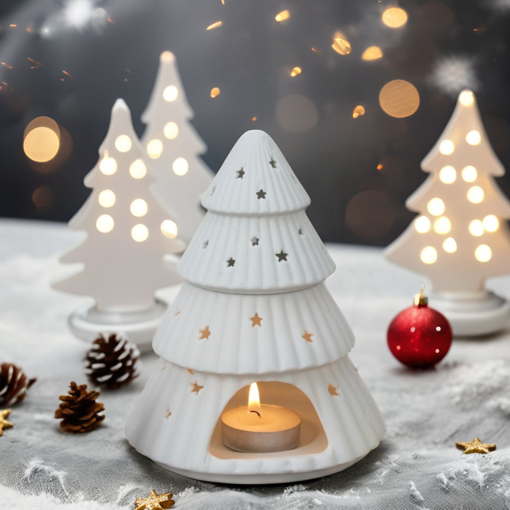 Christmas Tree Ceramic Tea Light Burner Fragrance Lamp Wax Melts Warmer in Ceramic White Ceramic Christmas Tree Oil Burner