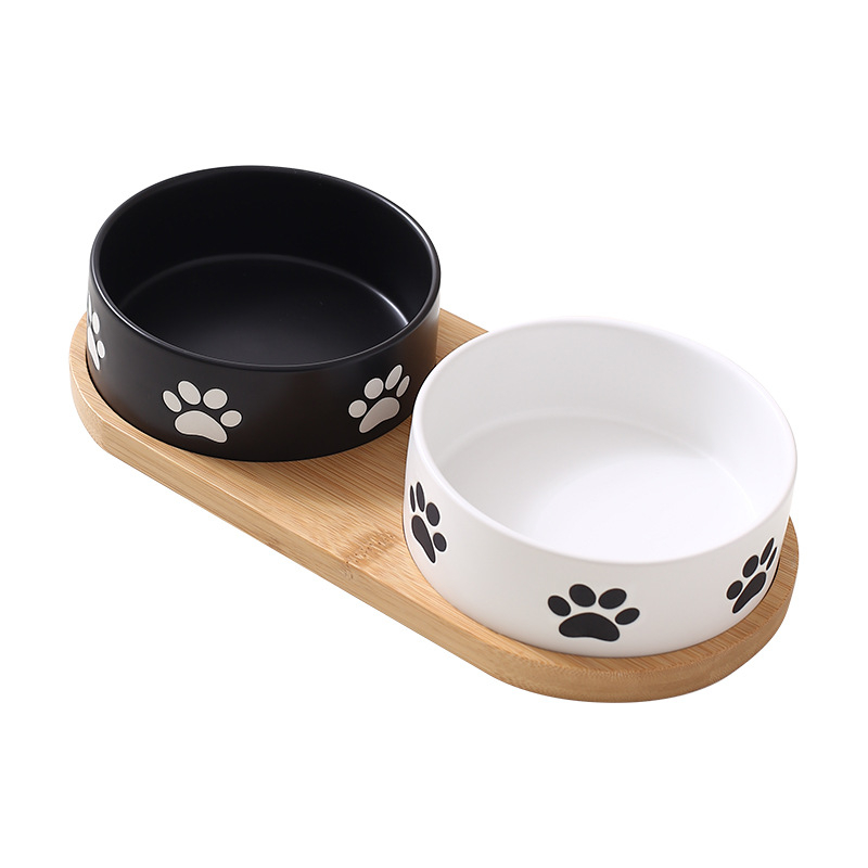 Custom Print Manufacturer Paw Printed Ceramic Wooden Frame Pet Cat Dog Bowl