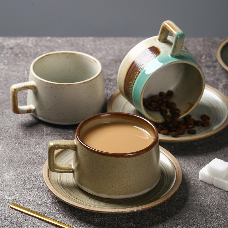 Hot Sale Rustic Pottery Ceramic Coffee Mug with Tray Practical Blank Cups and Saucers for Tea for Daily Use
