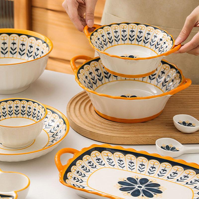 Nordic Style Creative Ceramic Bowl Dish Tableware Hand-Painted Luxury European Floral Pattern Plate for Home Use Packaged Dishes
