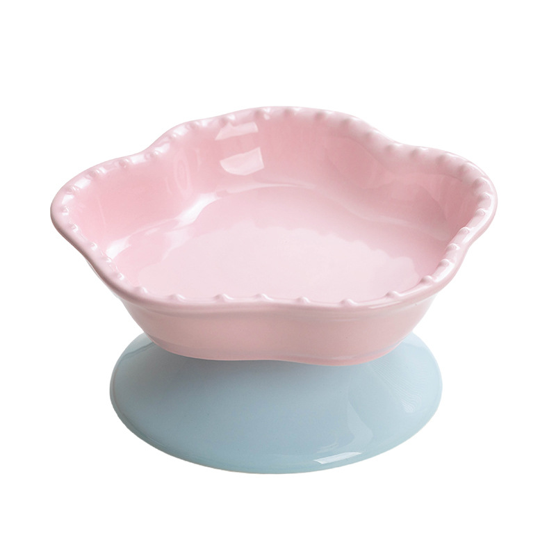 Bol para comida y agua para gatos elevado creativo y anti-vuelco, ecológico, con forma de flor, cerámico, con bandeja y soporte para perros