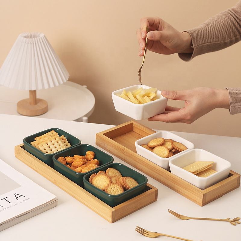 Home Kitchen Condiments Server Dessert Sauce Snack Dish Plate 3 Pieces White Ceramics Porcelain Serving Bowl With Bamboo Tray