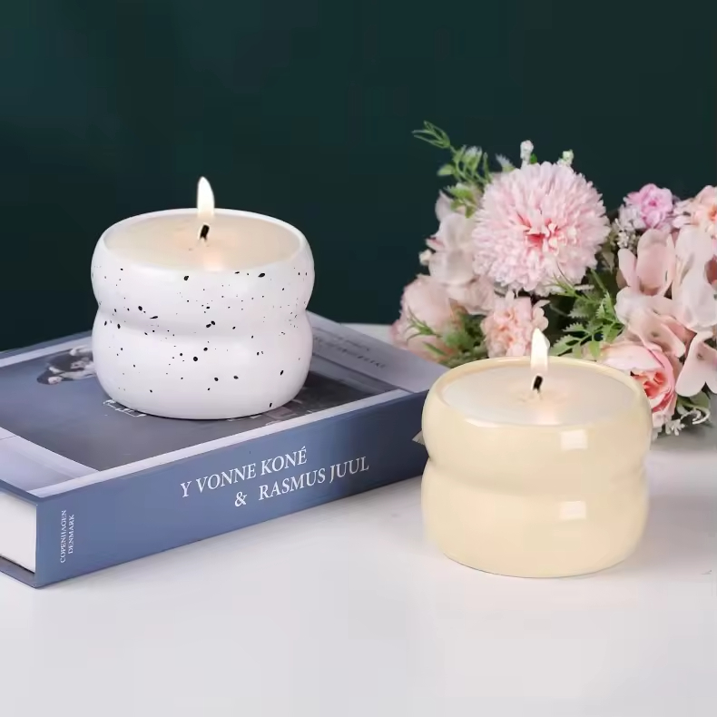 Double Ring Ceramic Candle Container Cylinder Vessel Jar for Scented Wax Home Decoration for Christmas