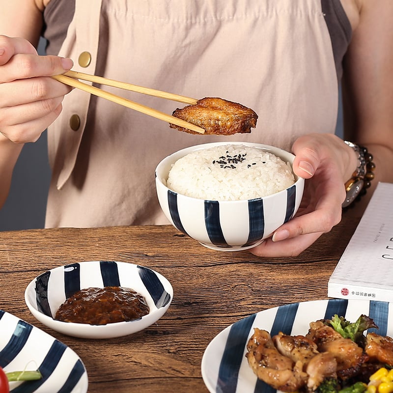 Nordic Black White Stripe Color Glazed Porcelain Round Bowls Soup Noodles Ceramic Bowl for Ramen