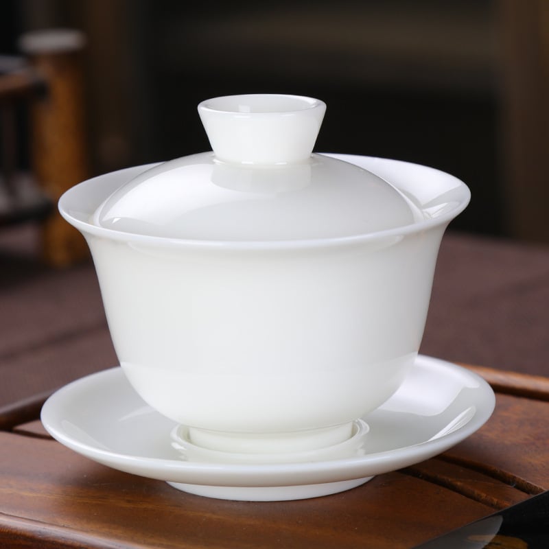 Dehua White Porcelain Sancai Covered Bowl Tea Cup Large Kung Fu Tea Set White Ceramic Tea Set High Grade