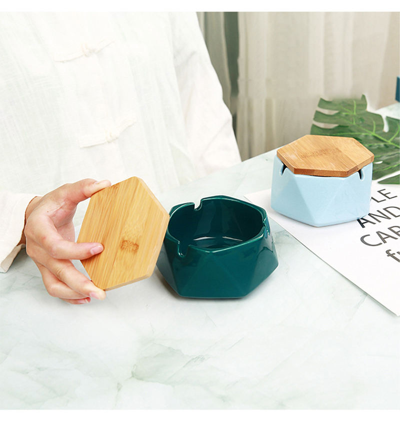 Custom Logo Fashion Home Hotel Table Reusable Polygonal Cigar Cigarette Ceramic Ashtray With Bamboo Lid