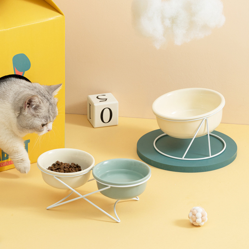 Pet bowl dog bowl cat Pet Ceramic Bowl Green White Ceramic Cat Bowl With Stand 