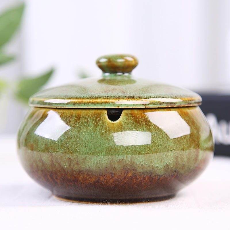 Ceramic Creative Household Ceramic Ashtray, Chinese Large Retro with Cover Kiln Ashtray
