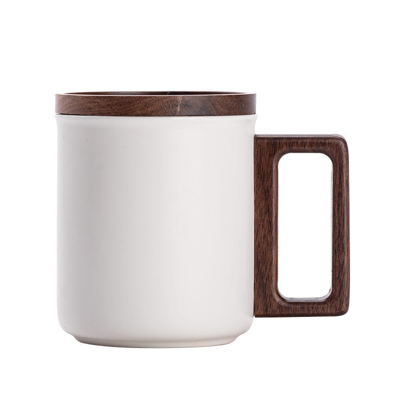 Modern Light Luxury Ceramic Mug with Wooden Handle Handmade High-End Tea Cup for Office Simple Style with Lid New Chinese Style