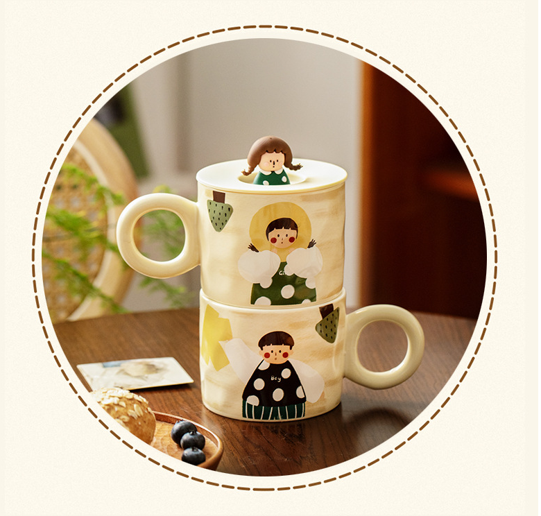 Cute Ceramic Mug with Lid Creative Couple Water Cup Home Breakfast Cup Coffee Cup