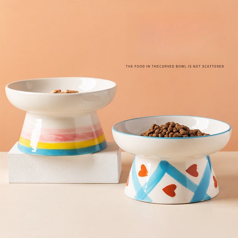 2025 Ceramic Stand High Diagonal Rainbow Cat Dog Food Water Bowl with Anti-Rollover Neck Protection Anti Slip Pet Bowls Feeders