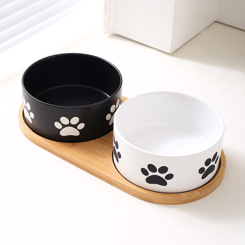 Custom Print Manufacturer Paw Printed Ceramic Wooden Frame Pet Cat Dog Bowl