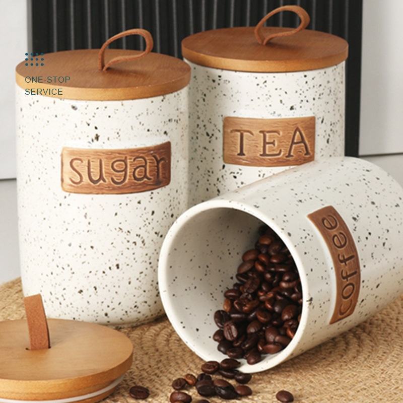 Handmade Ceramic Storage Jar Set with Wooden Lid Multi-Purpose Decorative Canister for Spices and Cookies