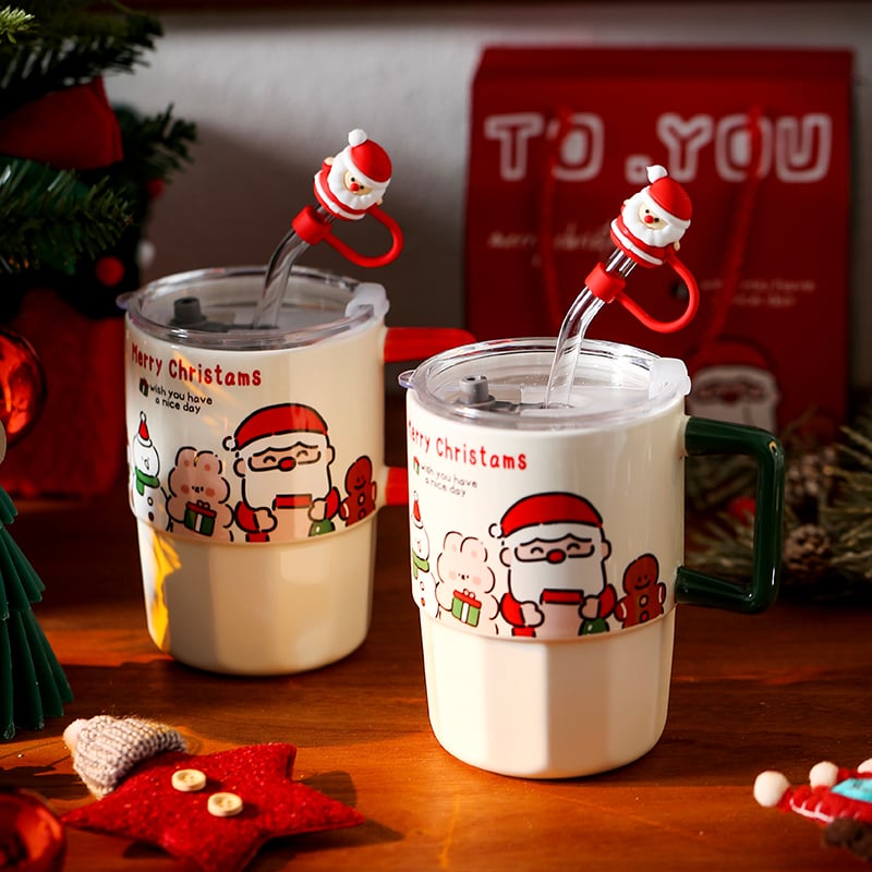Christmas Gift Mug with Lid Straw Ceramic Mug High-value Practical Birthday Gift Christmas Ambience Gift