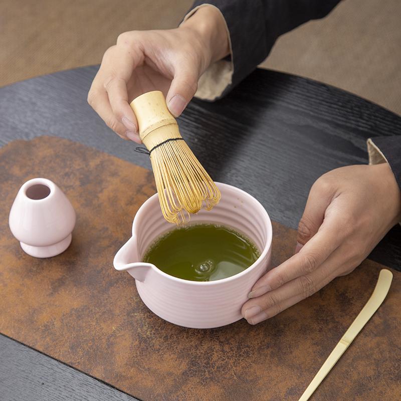 Spouted Matcha Bowl Tea Brush Ribbon Matcha Ceramic Momoto-Ribbon Tea Brush Dispensing Set