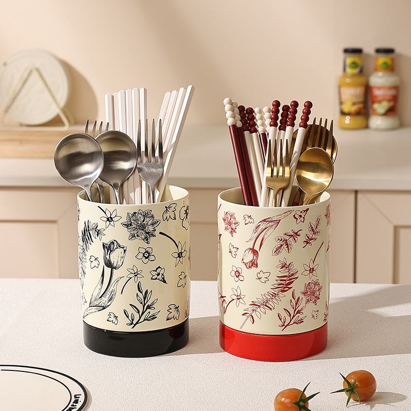 Utensil Holder 360° Rotating Cooking for Kitchen Utensil Crock for Farmhouse Decor Ceramic Utensil Caddy With Drainage Hole