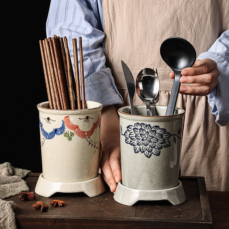 Japanese Style Retro Kitchen Ceramic Knife Cutlery Utensils Holder Ceramic Chopstick Holder