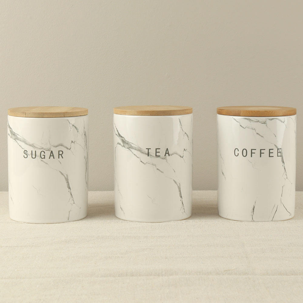  Gray Marble Decal Custom Design Ceramic Coffee Tea Sugar Canister Jar with Bamboo Lid and Silicone Ring Set