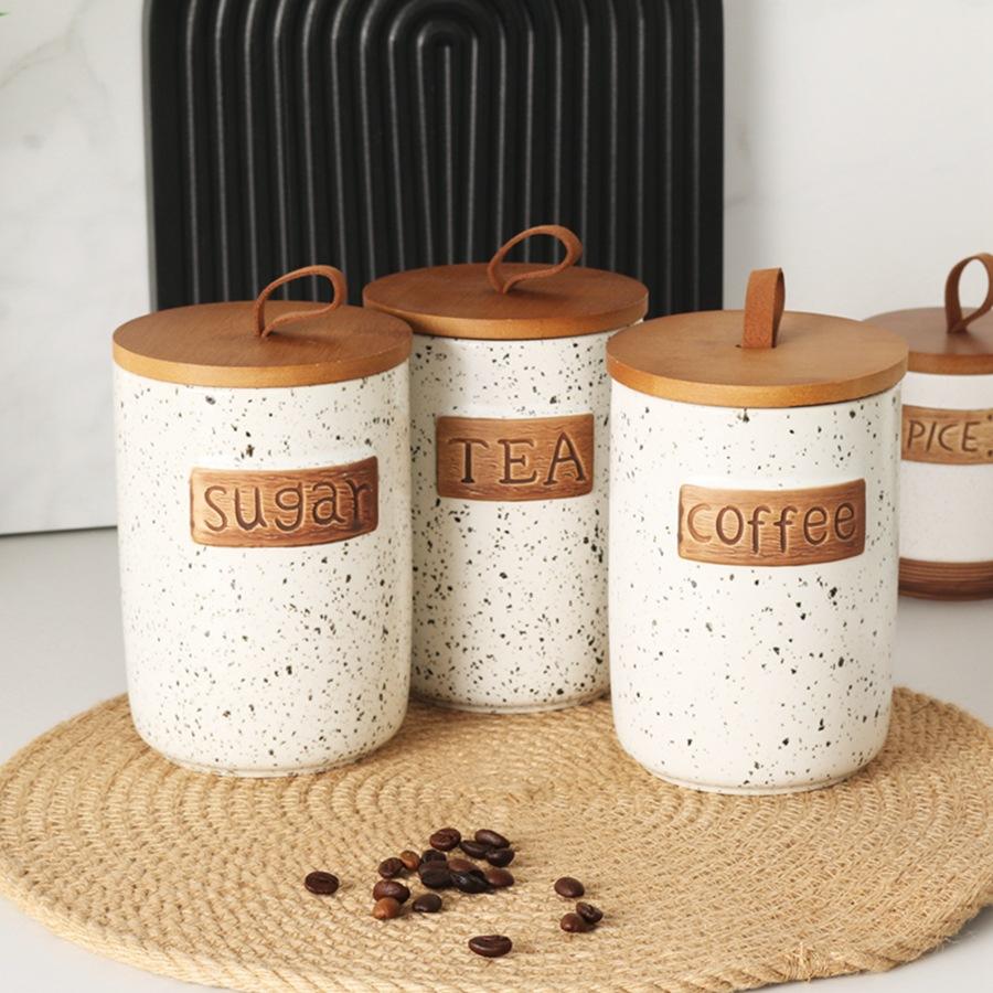 Handmade Ceramic Storage Jar Set with Wooden Lid Multi-Purpose Decorative Canister for Spices and Cookies
