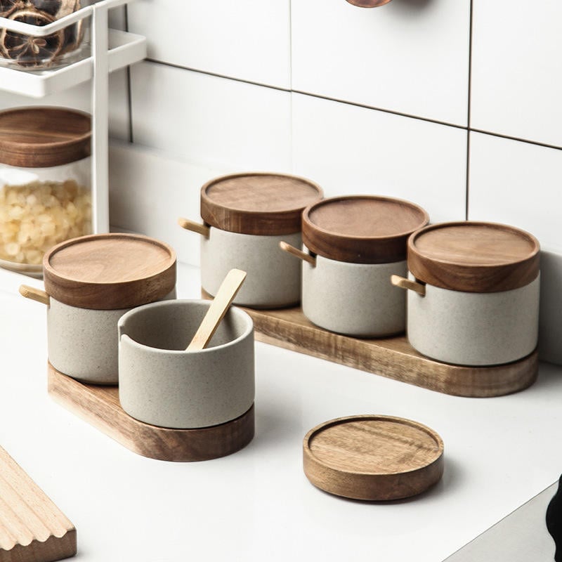 Japanese Style Pottery Kitchen Spice Jars Set Salt Seasoning Bottle Ceramic Pepper Sugar Storage Bowl With Wood Lid and Tray