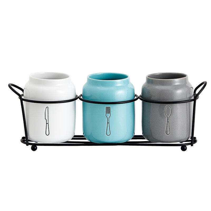Modern Durable Ceramic Cutlery Caddy with Metal Rack Flatware Organizer Cups for Kitchen Storage Folding Design Sink Compatible