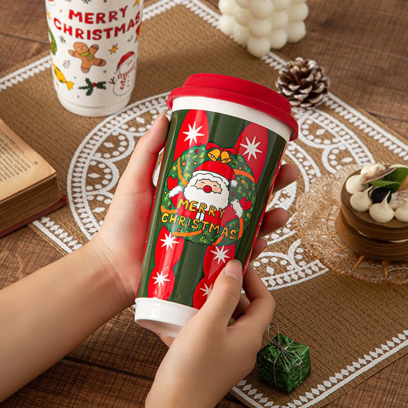 Christmas Ceramic Handy Mug High-colour Handy Mug with Lid Large-capacity Couple Water Mug Companion Gift Birthday Gift