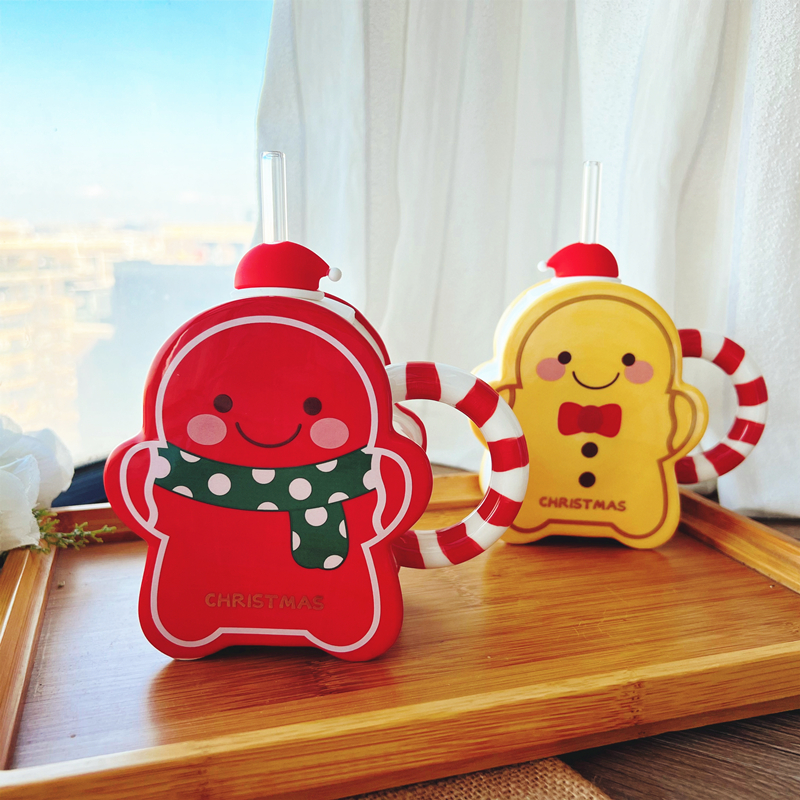 Cute Christmas Gingerbread Man Ceramic Straw Mug Creative Mug with Lid High-value Gift Mug Student Mugs