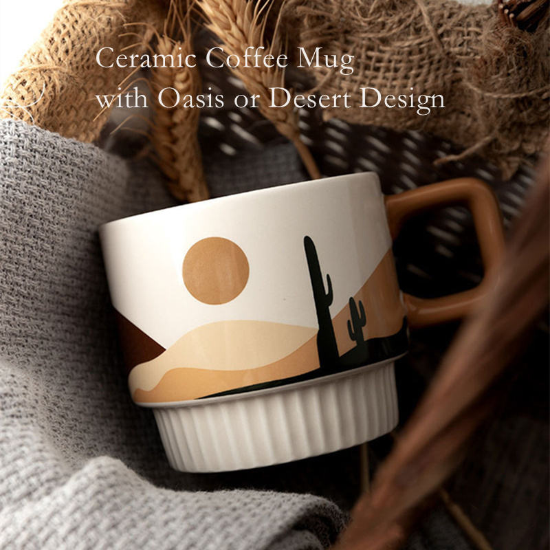 Modern 11oz Tea Water Cup Nordic Design Printed Decorative Ceramic Coffee Mug with Spoon