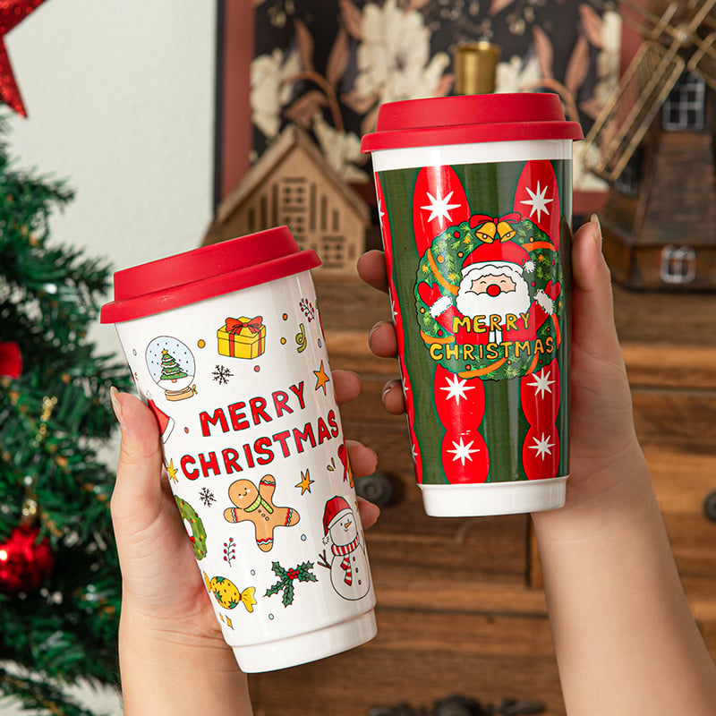 Christmas Ceramic Handy Mug High-colour Handy Mug with Lid Large-capacity Couple Water Mug Companion Gift Birthday Gift