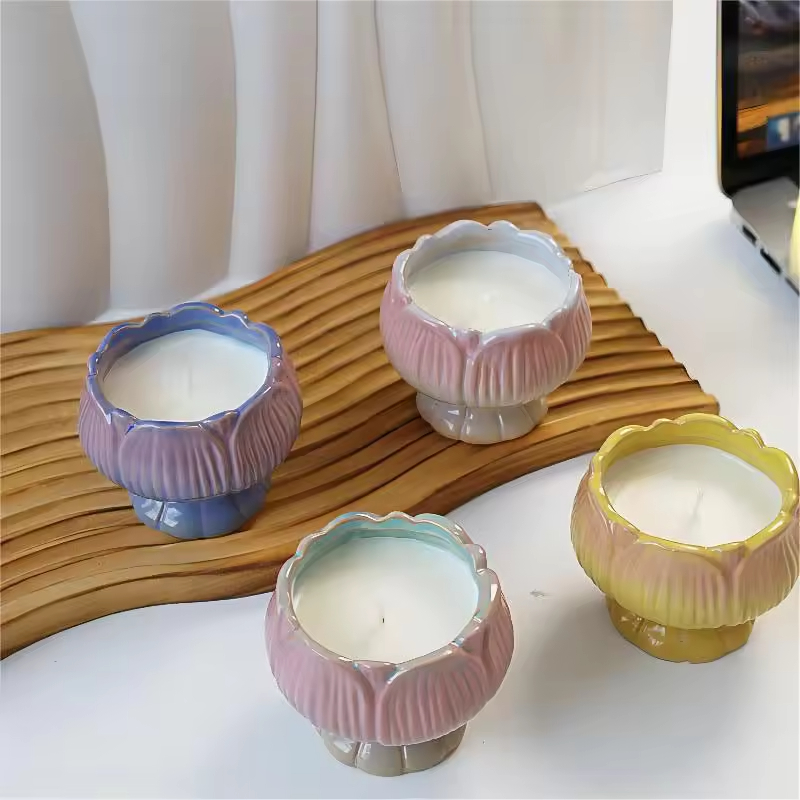Design Unico Personalizzato Creativo a Forma di Loto Barattolo per Candele in Ceramica Contenitore per Candele Decorazione per la Casa Candela Profumata con Cera di Soia