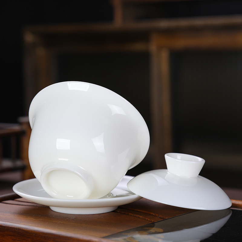 Dehua White Porcelain Sancai Covered Bowl Tea Cup Large Kung Fu Tea Set White Ceramic Tea Set High Grade