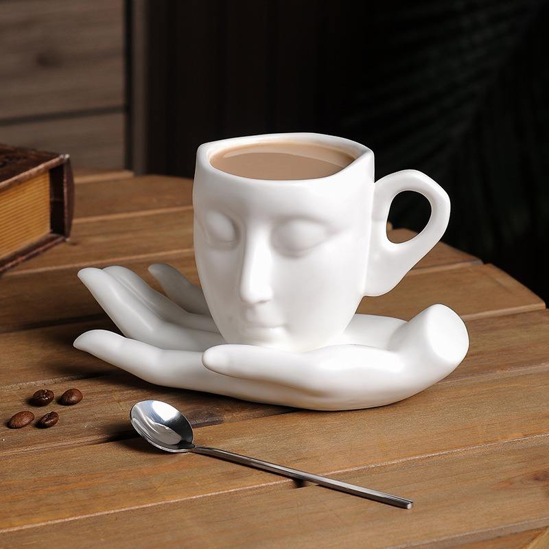 Gift Strange Mug Silver Nordic Style Ceramic Human Hand Face Design Coffee Cups Saucer