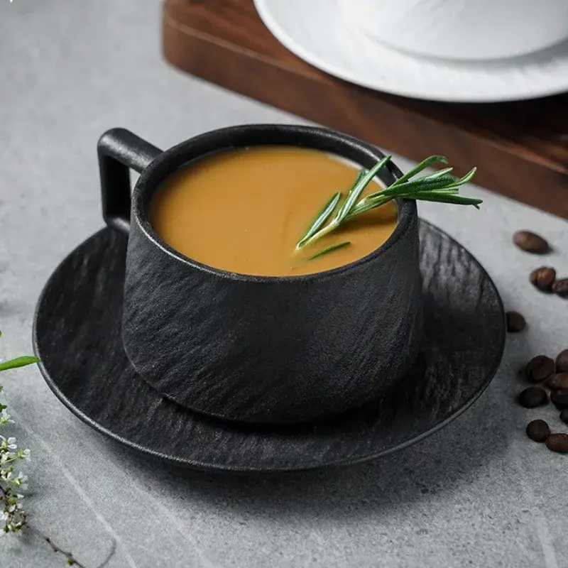 Creative Ceramic Coffee Mug Style Handmade Pottery Tea Cups With Handle and Saucer Set Porcelain Mugs Office or Café