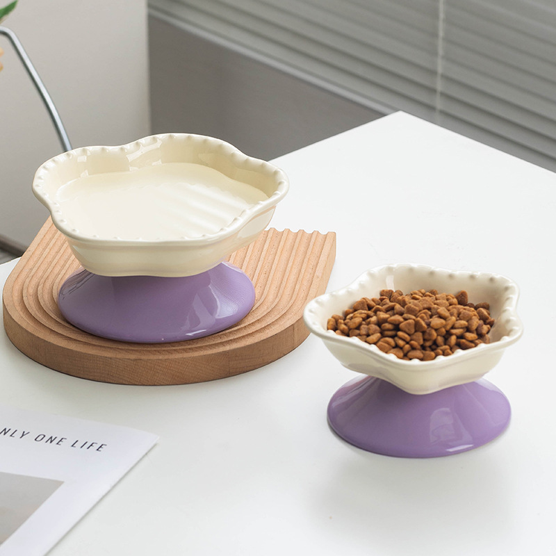 Bol para comida y agua para gatos elevado creativo y anti-vuelco, ecológico, con forma de flor, cerámico, con bandeja y soporte para perros